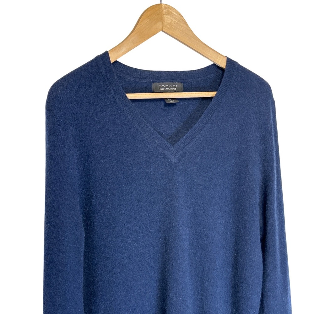 Tahari 100% 2-Ply Cashmere V-Neck Long Sleeve Sweater Blue Women's Size XL